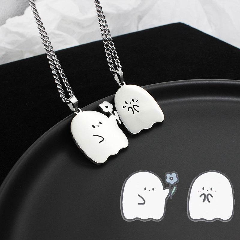 Stainless Steel Cute Ghost Couple Necklace Kawaii Animal Cat Pendant Necklace Lovers Friendship Jewelry Gifts EX-STOCK