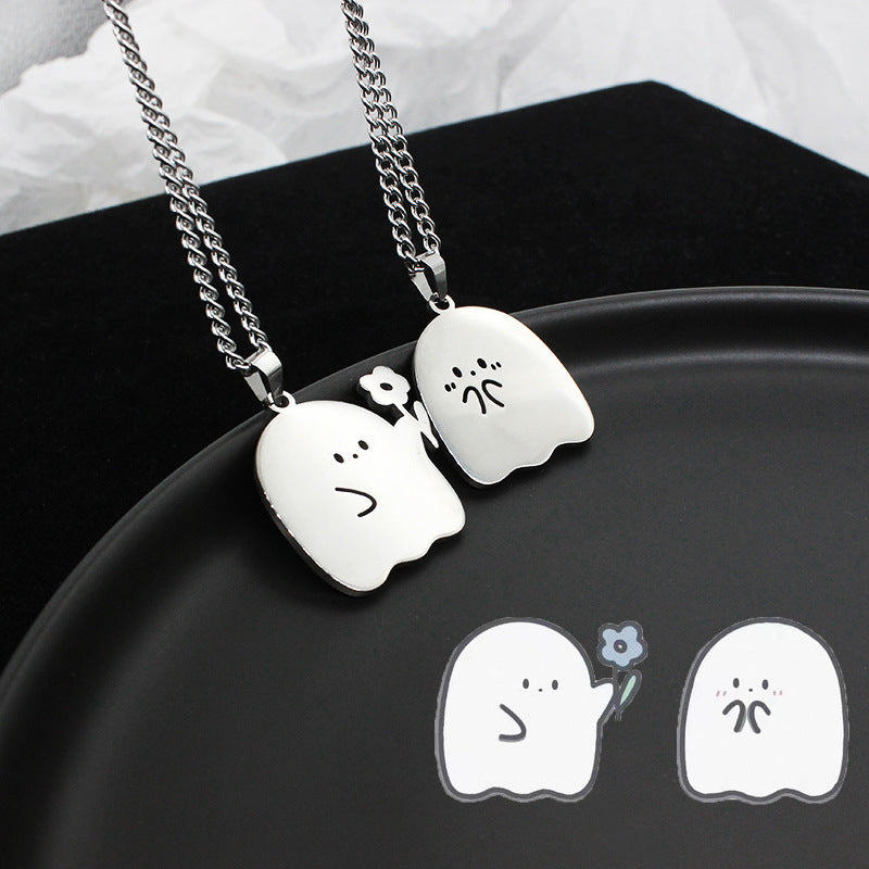 Stainless Steel Cute Ghost Couple Necklace Kawaii Animal Cat Pendant Necklace Lovers Friendship Jewelry Gifts EX-STOCK