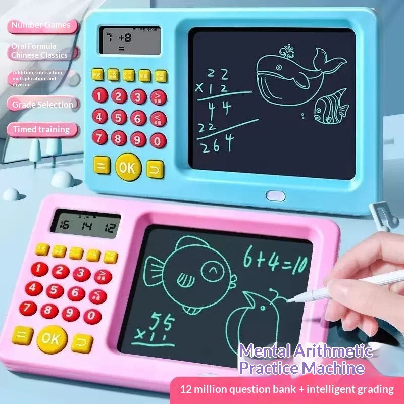 Colorful educational machine with digital display and buttons, featuring arithmetic problems and drawings.