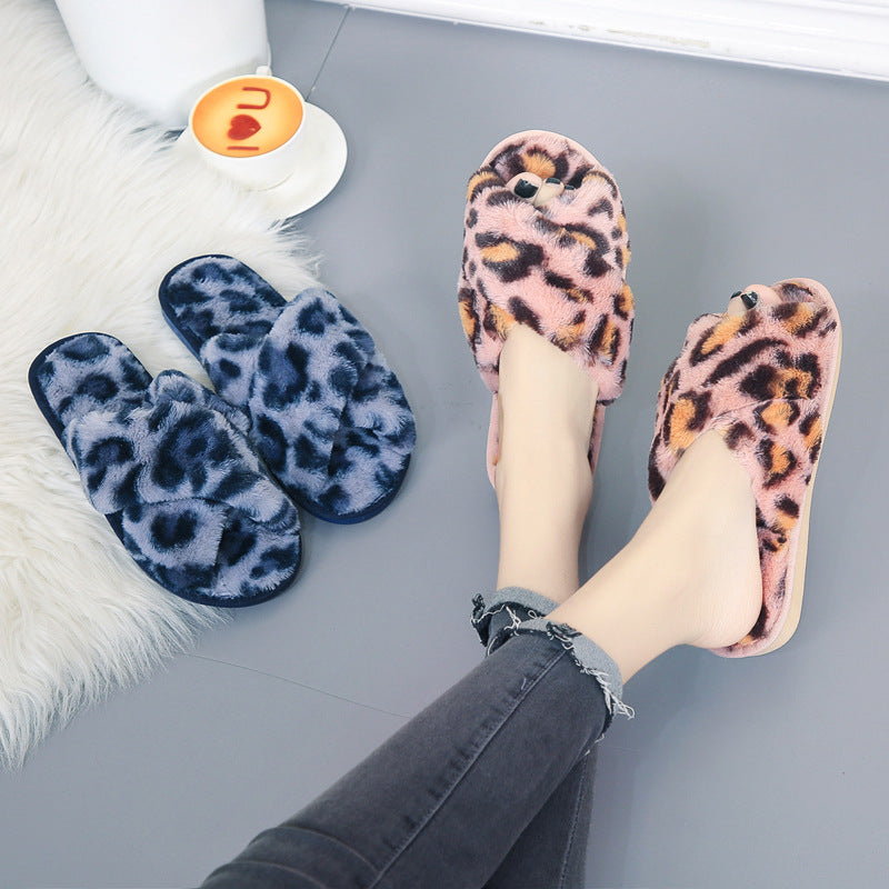 Cross-strap Fuzzy Slippers Leopard Plush House Shoes Flat Bedroom Slippers Slippers For Women EX-STOCK Canada 