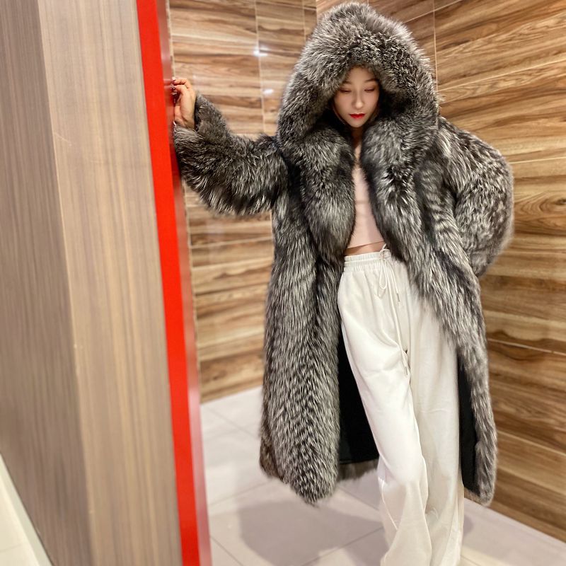 New Autumn And Winter Women's Fur Coat Imitation Fox Fur Long Coat Fashionable Net Celebrity Hooded Coat Winter Win | EX-STOCK product gallery photo 1