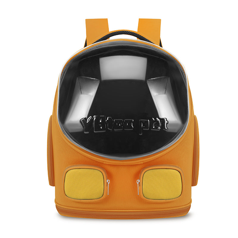 Orange pet carrier with a transparent dome on a white background