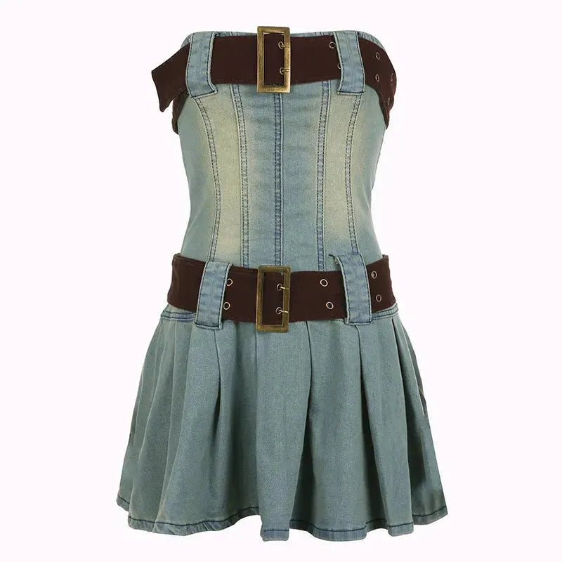 Women's Fashion Strapless Tube Top Mini Denim Club Dress - EX-STOCK CANADA