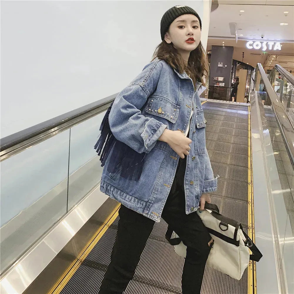 Elegant women Oversized Embroidered Tassel Fringe Denim Jacket - EX-STOCK CANADA
