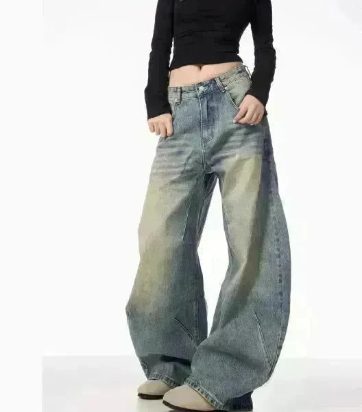 American Retro Washed Distressed Loose Wide-leg Baggy Jeans Pant For Women - EX-STOCK CANADA