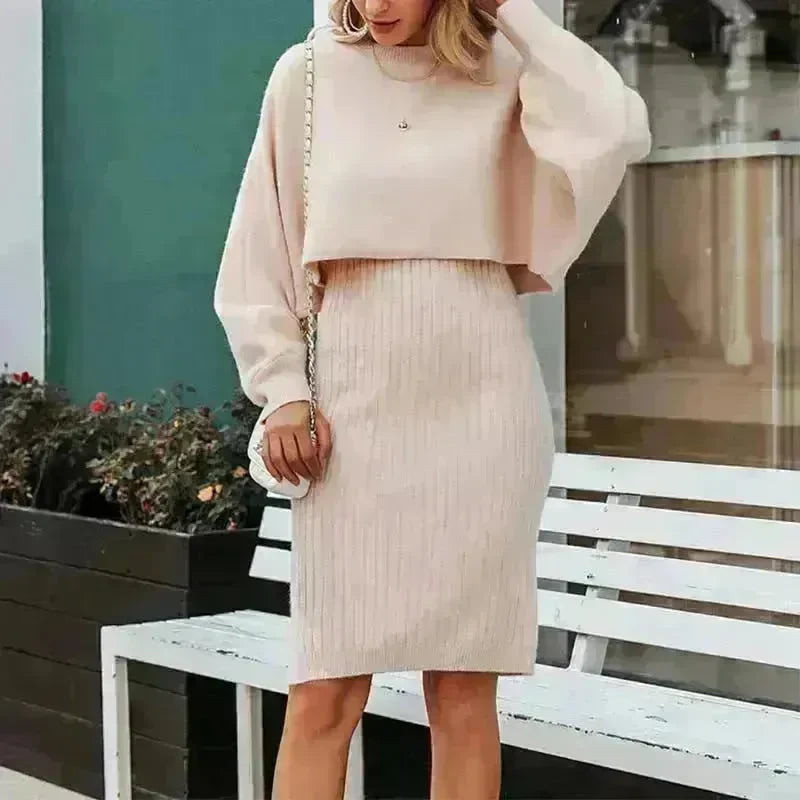Women 2pcs Winter Outfit Cashmere dress Cropped Pullover top - EX-STOCK CANADA