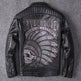 Black leather jacket with embroidered design on a gray background 2