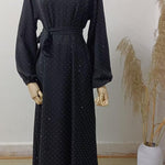 Muslim Rhinestone Dubai Round Neck Pullover Belt Dress - EX-STOCK Canada