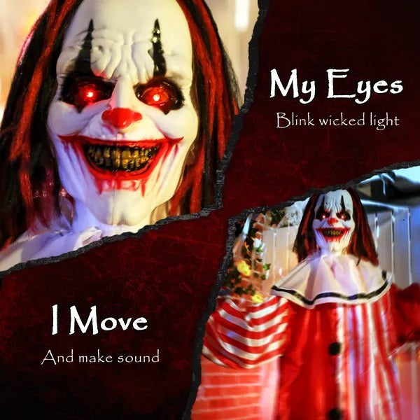 Life Size Halloween Animated Clown With Red Light Up Eyes, Sound Activated Scary Halloween Decorations, Battery Operated EX-STOCK Canada 