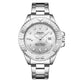 Silver wristwatch with detailed face on a white background