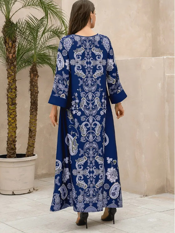 Elegant Floral Print Long Sleeve Abaya Dress - EX-STOCK Canada