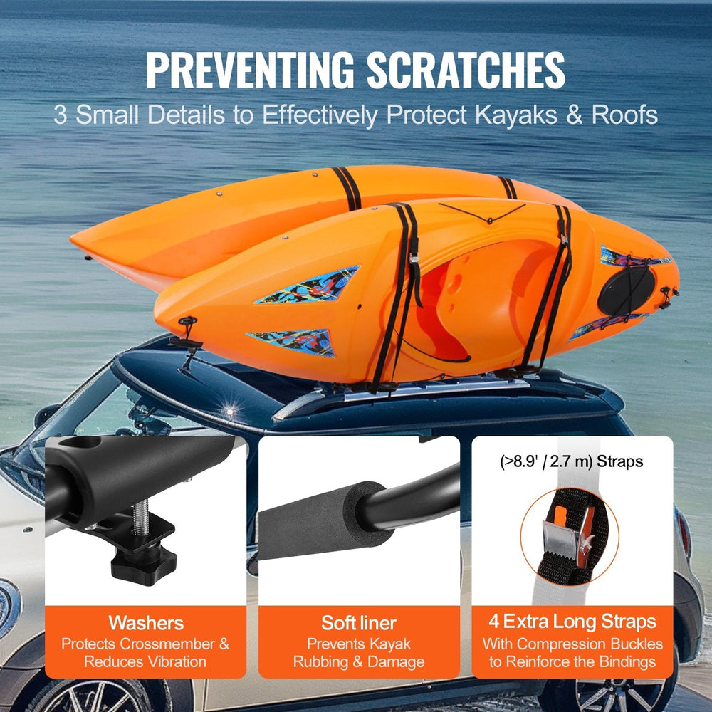 Kayak Roof Rack 1 Pair J-Bar, Soft Roof Rack, Top Mount Tie Down, Carrier For Kayak, Surf Board, Canoe, SUP, Ski Board, Mount On Car, SUV, Truck, 2 Kayaks EX-STOCK
