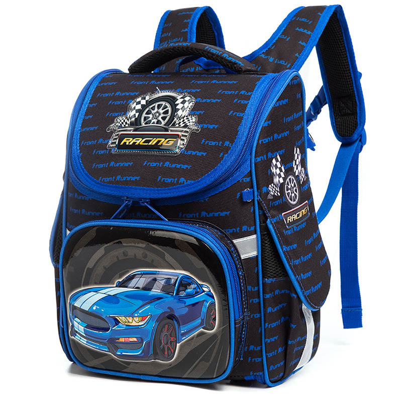 Backpack with racing theme design on a white background