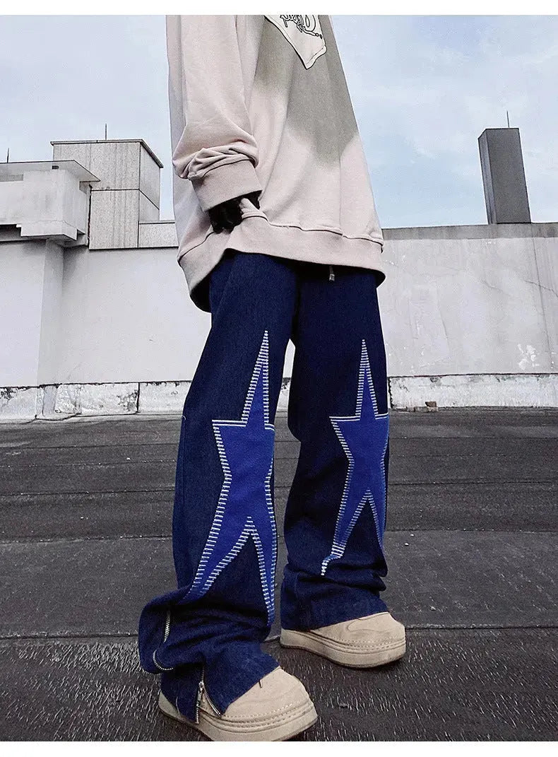 Five-pointed Star Embroidery Denim Horn Loose Straight Casual All-match Mop Jeans Baggy Trousers Men - EX-STOCK CANADA
