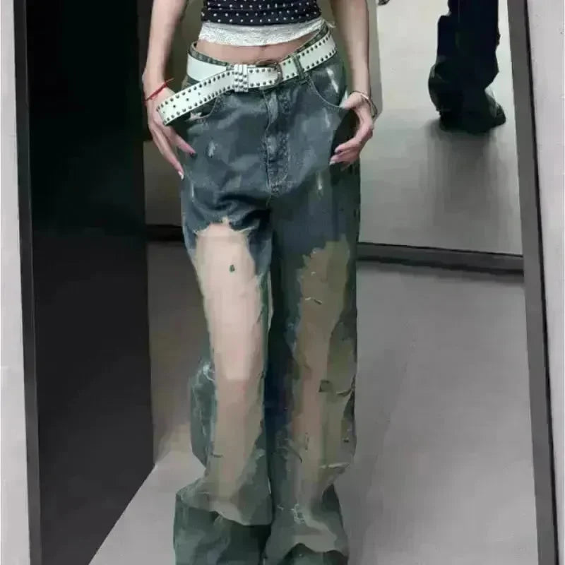 Retro Washed Ripped Baggy Jeans Pant For Women Summer Hollow Out - EX-STOCK CANADA