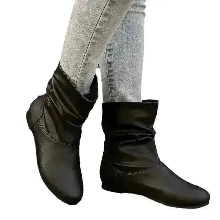 Fashion Round-toed Flat Boots Versatile Simple Slip-on Western Cowboy Boot Casual Short Shoes For Women - EX-STOCK CANADA