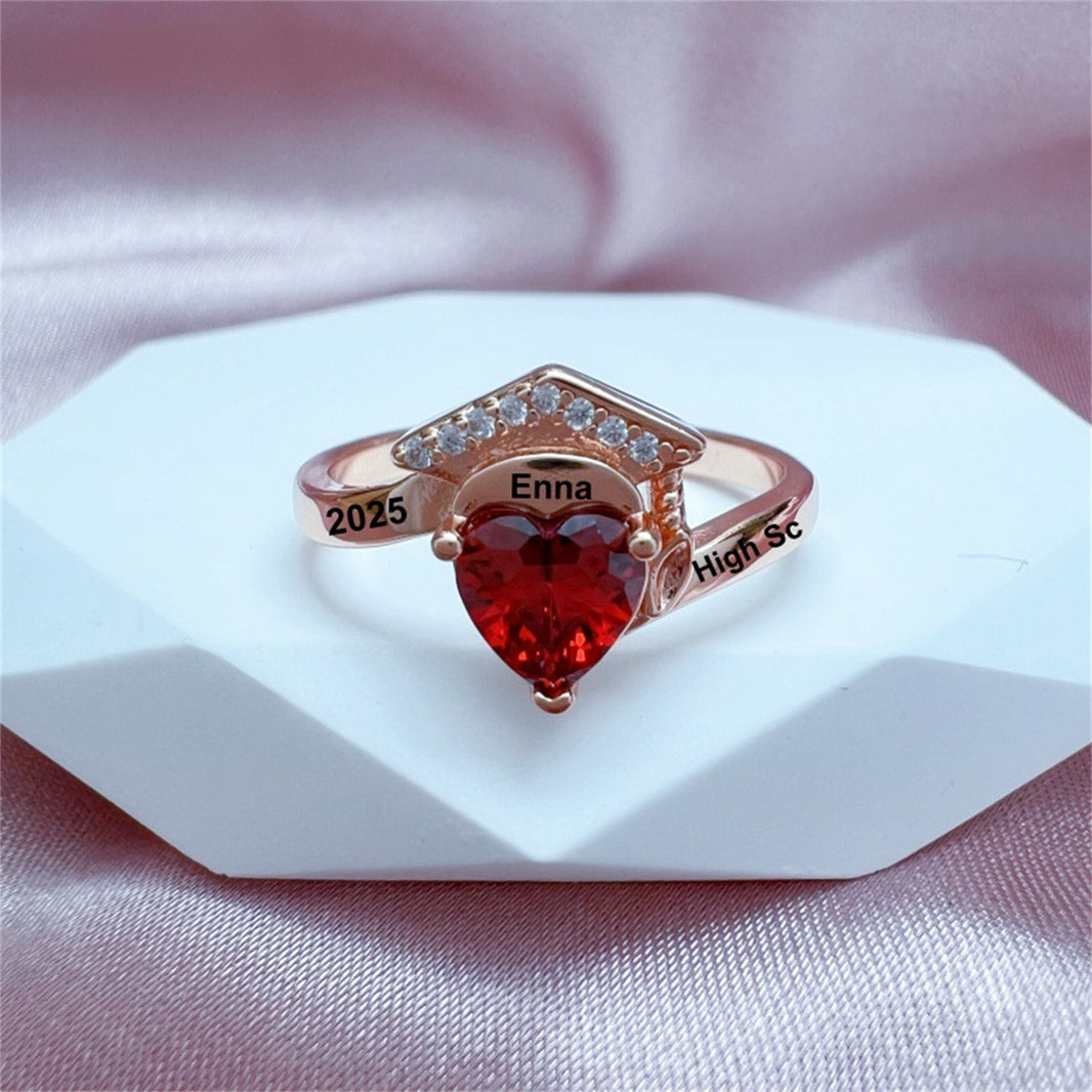 Birthstone Graduation Ring – Heart Zircon Stone Graduation Cap Ring | Silver, Gold & Rose Gold | Sizes 5–11