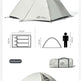 A camping tent shown in three views on a white background: a larger assembled view, a smaller assembled view with a duffel bag, and a technical dimension diagram with height and footprint measurements. The tent is light gray and white, with a visible tent brand logo on the front.