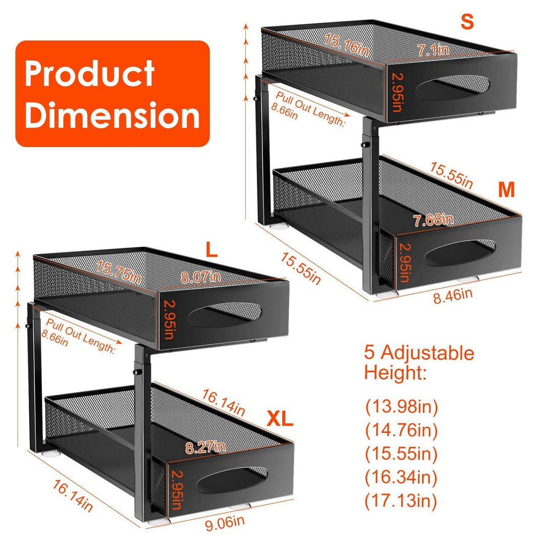 2Pcs Under Sink Organizer 2 Tier Pull Out Cabinet Baskets Storage Shelf Sliding Storage Drawers Rack With 5 Adjustable Height Mesh Baskets For Home Kitchen Bathroom Office EX-STOCK