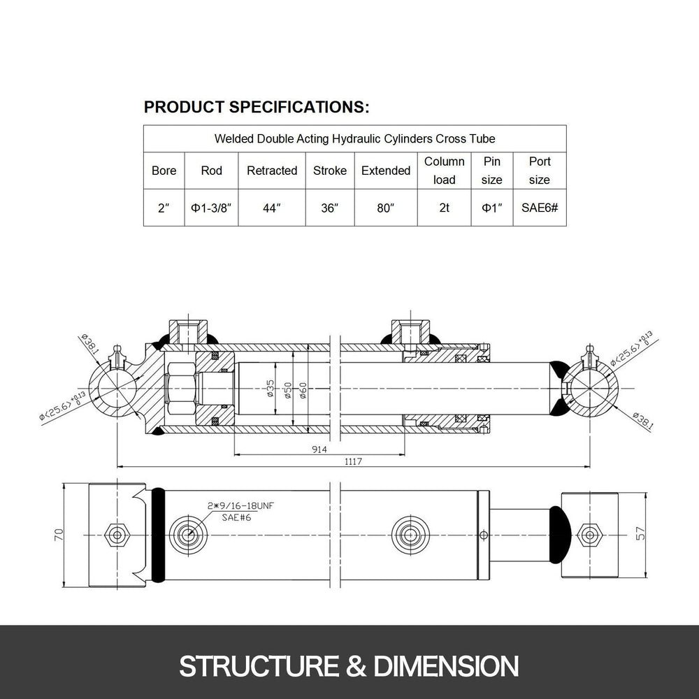 Hydraulic Cylinder 2 Bore 36 Stroke Hydraulic Ram Cylinder 3000psi Hydraulic Cylinders Welded Double Acting Cross Tube SAE6 Port Hydraulic Lifting Cylinder EX-STOCK