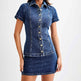 European And American Denim Lapel Short Sleeve Slim Top Sheath Skirt Outfit 