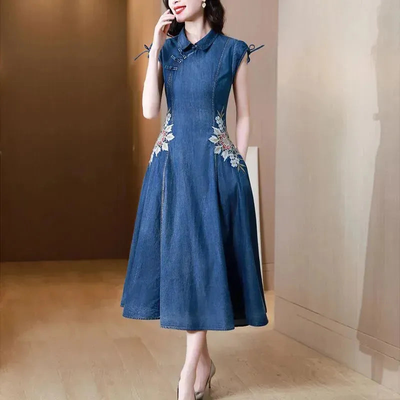New Modified Version Denim Jeans Flared Midi Dress Female Machine Embroidery Retro - EX-STOCK CANADA