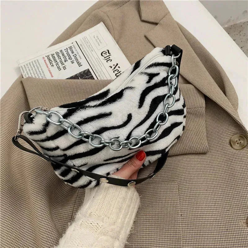 Leopard Pattern Plush Bag Personality Diagonal Women Bag Chain Shoulder Bag - EX-STOCK CANADA