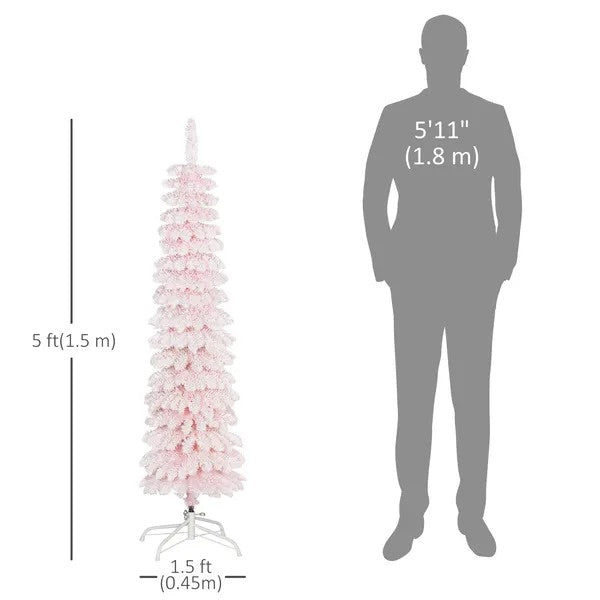 5ft Snow-Flocked Artificial Christmas Tree, Slim Pencil Xmas Tree With 301 Realistic Branches, Metal Base, EX-STOCK Canada 