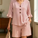 Women's Two-Piece Shorts Suit – V-Neck Ruffle Top & Short Pant Set
