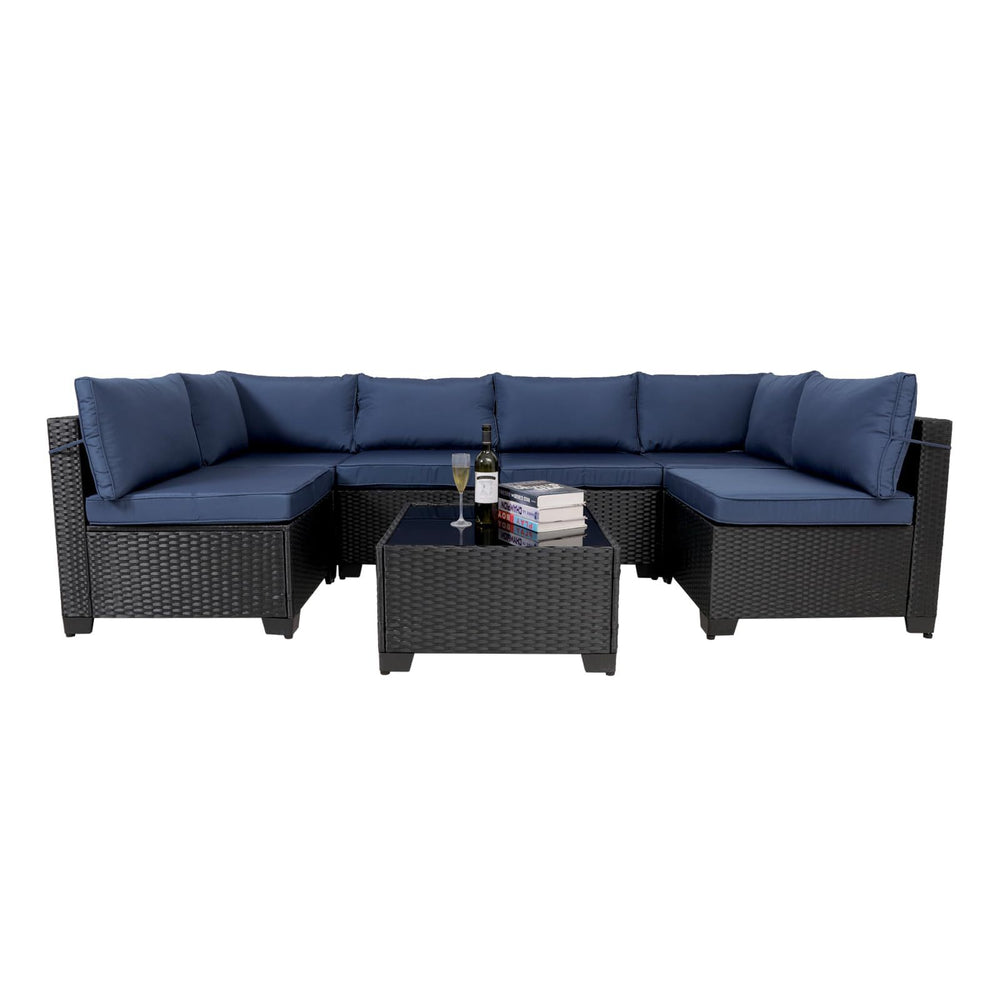 7 Pieces Outdoor Rattan Patio Sectional Set, Black Wicker Furniture Conversation Sets With Washable Cushions & Glass Coffee Table For Garden, Poolside, Backyard EX-STOCK Canada 