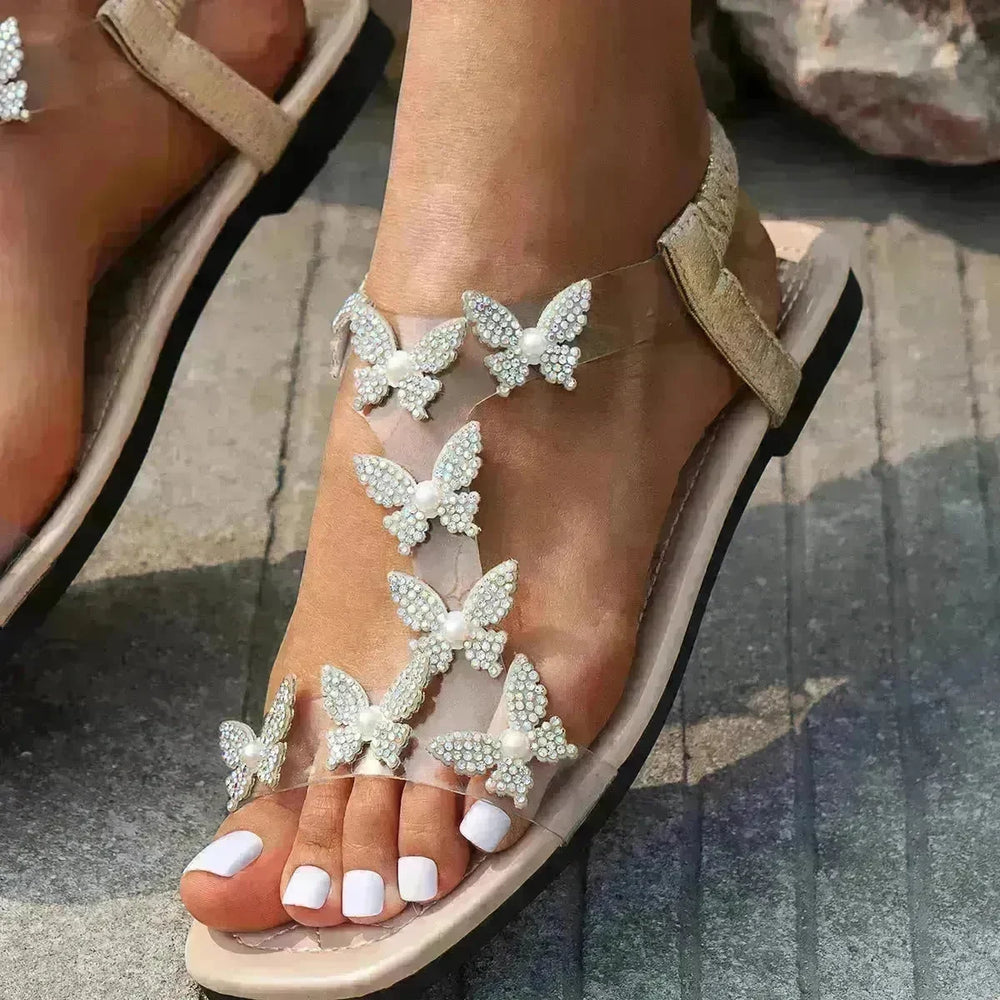 Luxury New Butterfly Rhinestone Platform Sandals Summer Square Toe Flat Shoes For Women - EX-STOCK CANADA