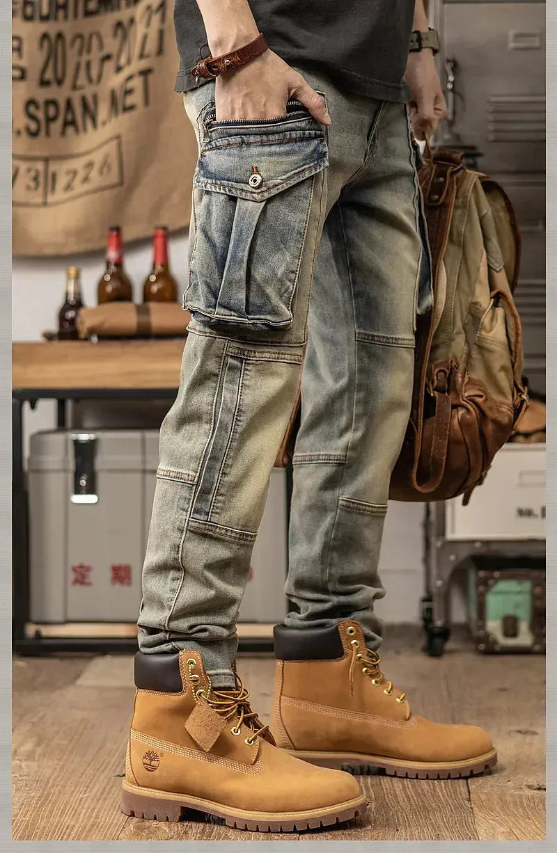 Sprin Autumn Retro Slim Fit Straight Leg Casual Distressed Denim Jeans Cargo Pant Men