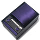 Purple tie set with tie, pocket square, and cufflinks in a black box on a white background