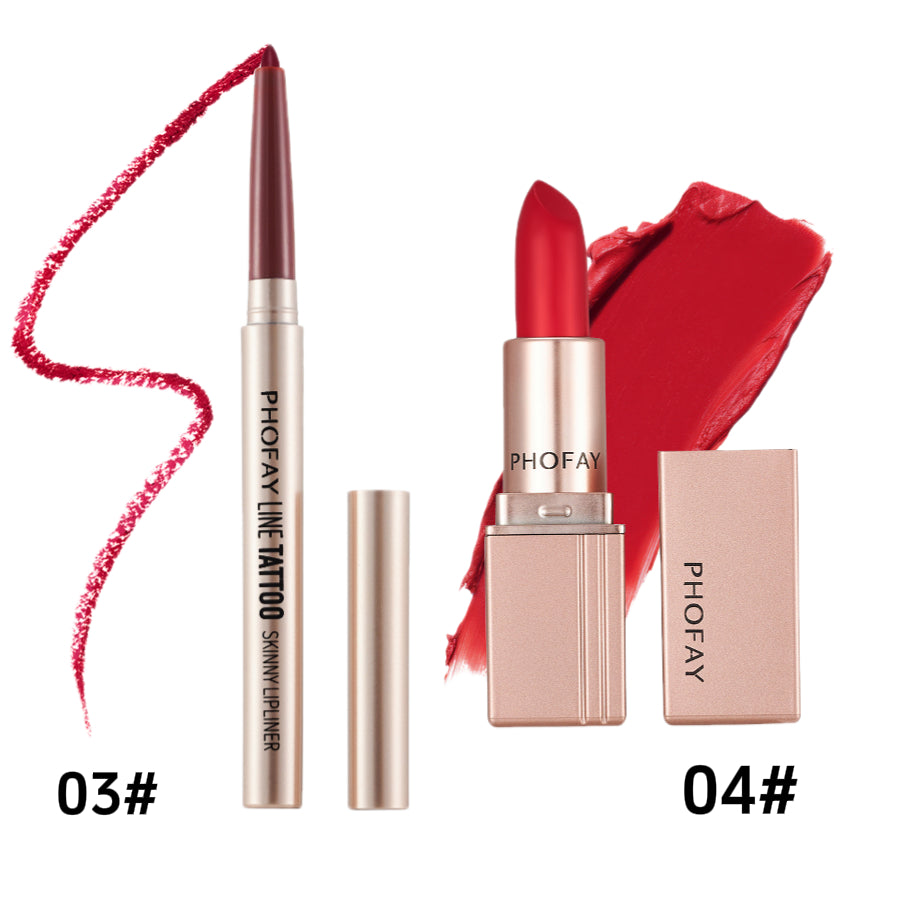 PHOFAY lip products including a lip liner, lipstick, and case on a white background.