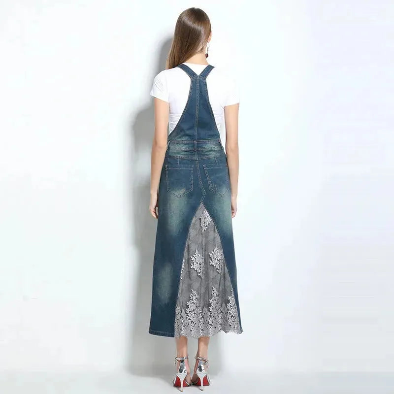 Embroidered Lace Denim Midi Jumper Dress European and American Style - EX-STOCK CANADA