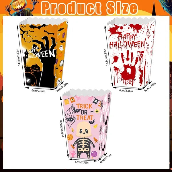 12Pcs Halloween Popcorn Box 3 Designs Spooky Halloween Trick Or Treat Boxes Bloody Theme Party Favor Snack Boxes Candy Cookie Container Paper Boxes For Halloween Holiday Party Supply EX-STOCK