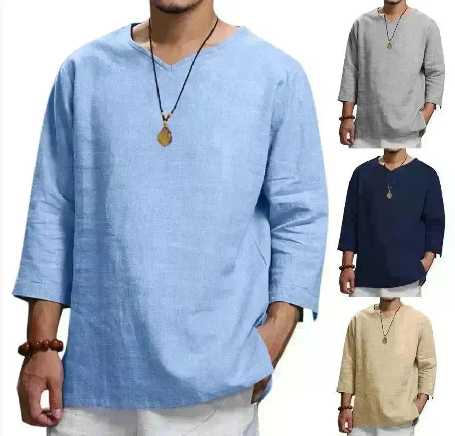 Loose Casual V-neck Top Cotton And Linen Long Sleeve Pullover Shirt Men's Shirt Top - EX-STOCK CANADA