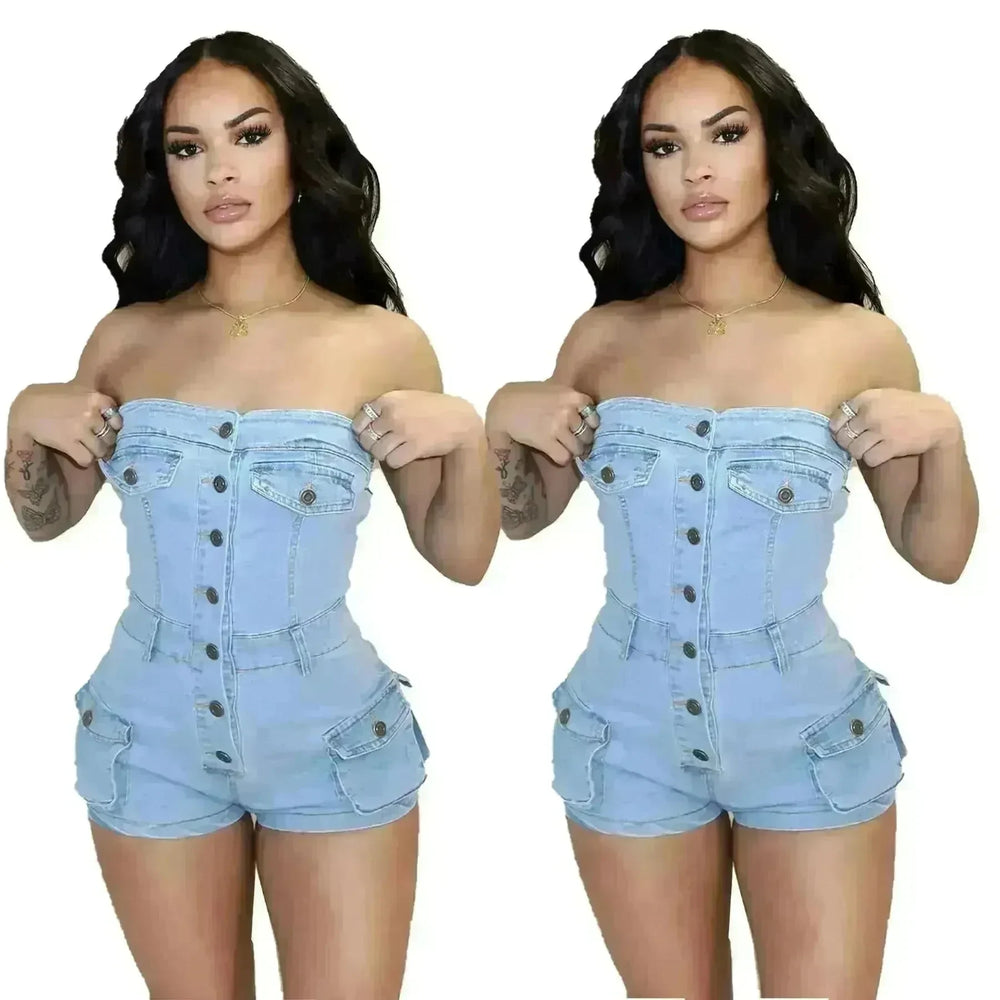Strapless denim jumpsuit denim tube top jumpsuit  Denim short Jumpsuit women Denim Short Rompers jean romper shortsjean jumpsuit shorts - EX-STOCK CANADA
