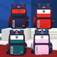 Four different colored school bags on a blue, white, and red background