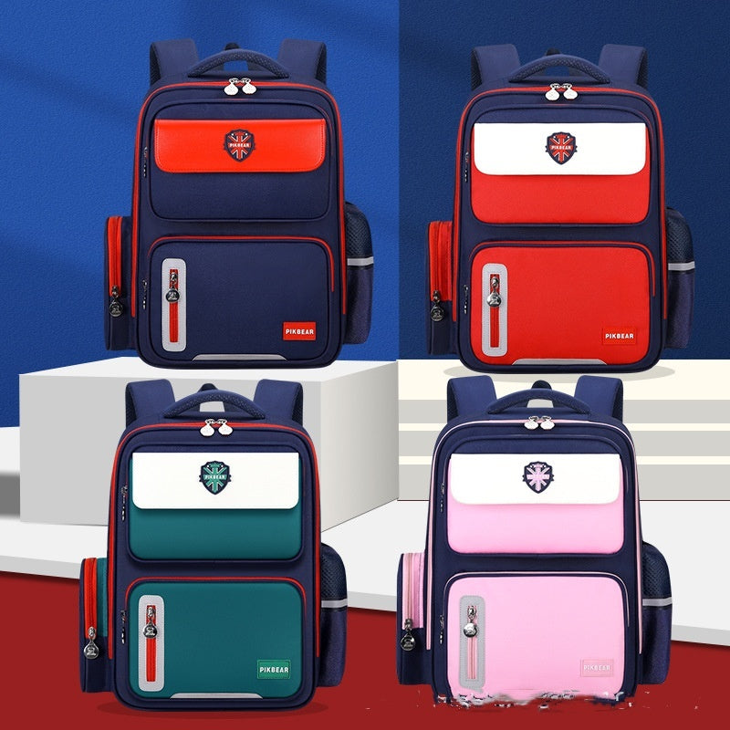 Four different colored school bags on a blue, white, and red background