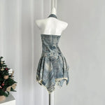 Waist-tight Halter Denim Dress Women's Distressed Retro Slimming Skirt - EX-STOCK CANADA