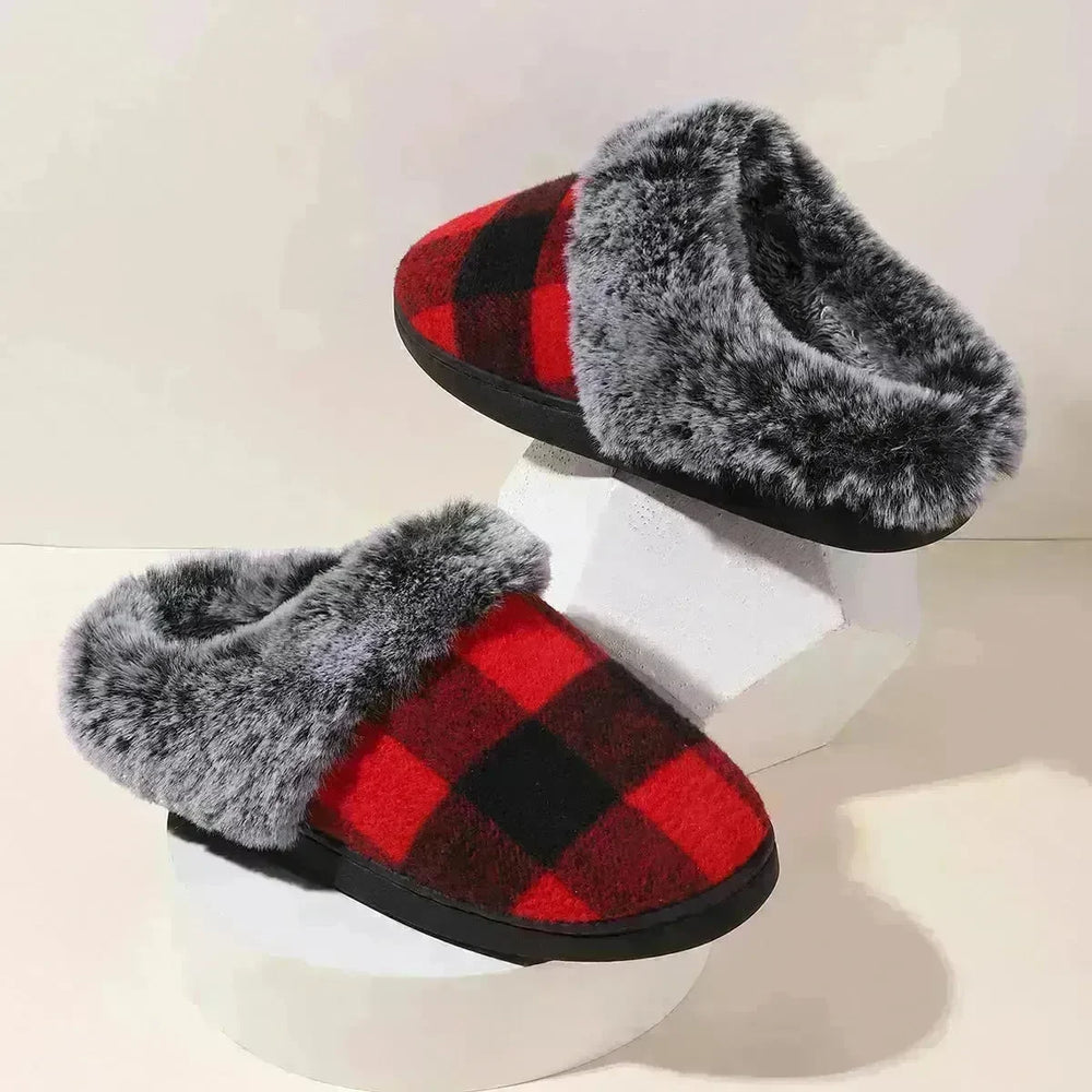 Winter Warm Plaid Plush Slippers Home Indoor Non-slip Bedroom Floor Soft Fuzzy Slipper For Couple Fashion Solid House Shoes - EX-STOCK CANADA