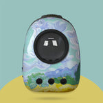 Pet carrier with nature-themed design on a blue and yellow background