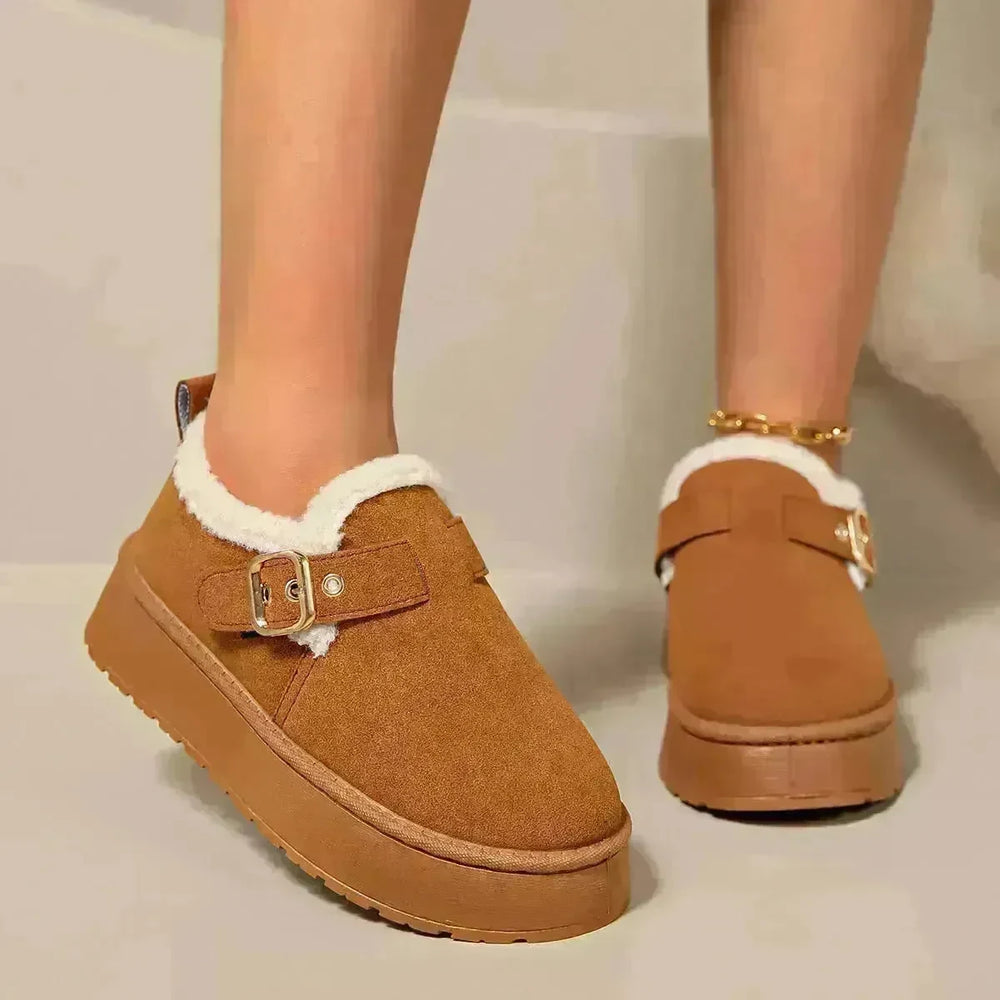 Fashion Round Toe Ankle Boots With Buckle Design Winter Warm Thickened Cotton Shoes Suede Flat Boot For Women - EX-STOCK CANADA