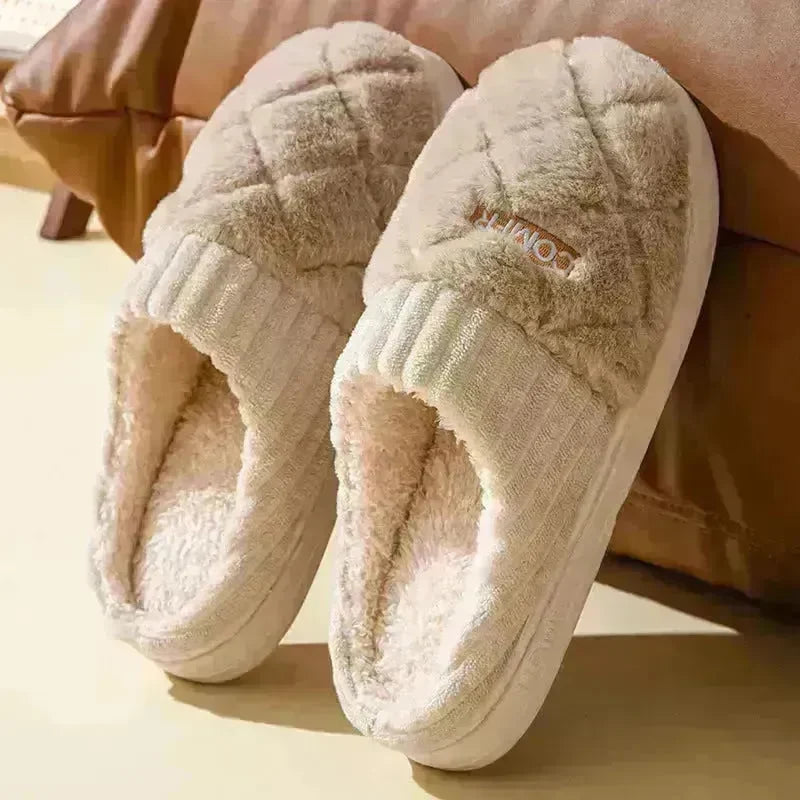 Solid Rhombic Letter Home Slippers Winter Warm Non-slip Floor Bedroom Plush Slipper For Couple House Shoes Women Men - EX-STOCK CANADA
