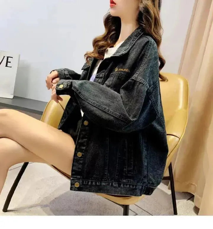 Loose Embroidered Lettered Black Denim Jacket Slimming Jacket Coat For Women - EX-STOCK CANADA