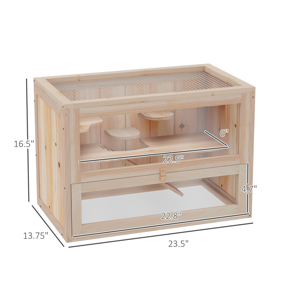 2-Tier Hamster Habitat Openable Top Front Door Shelf Ladder Stable Fir Wood Frame Nature Wood EX-STOCK