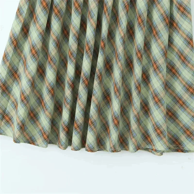 American Retro Low Waist Navel Plaid Pleated Long Skirt Women - EX-STOCK CANADA