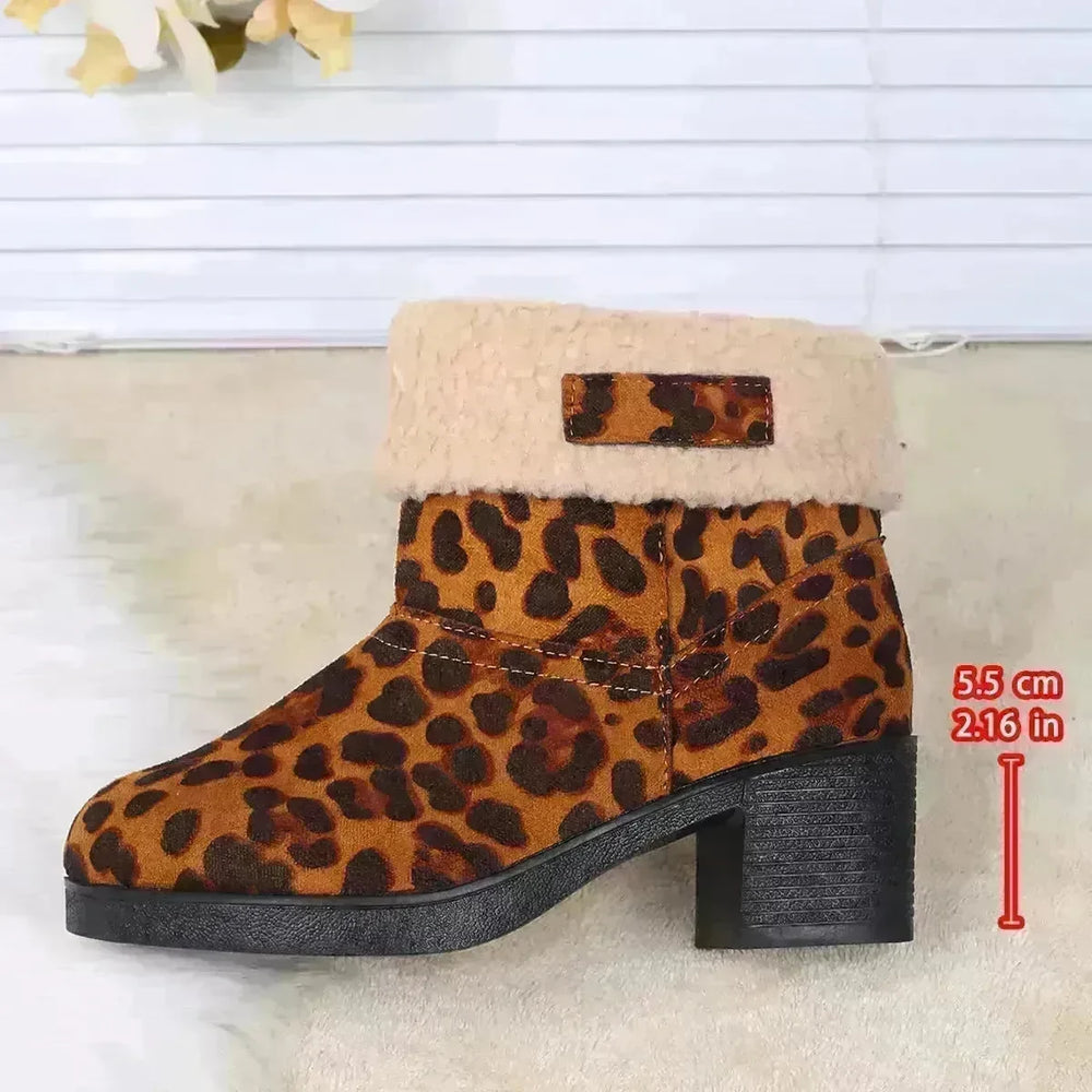 New Foldable Leopard Print Mid-calf Boots Winter Warm Fleece Thick Square Heels Boot For Women Fashion Round-toed Cotton Shoes - EX-STOCK CANADA