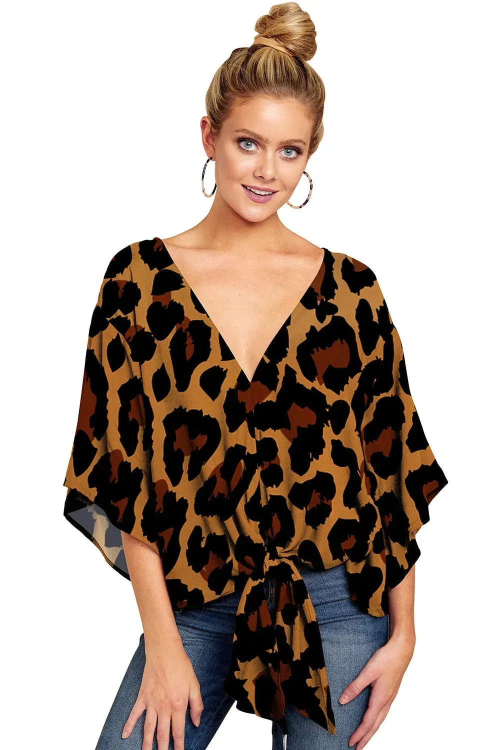 New V Neck Blouse Women Leopard Print Floral Tie Front Blouses Batwing Summer Oversize Ladies Tops - EX-STOCK CANADA